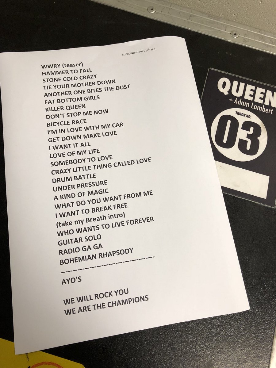 And finally...the set list! You rocked Auckland! Same again tomorrow? #QAL #NewZealand (Photo: Justine Ellis)