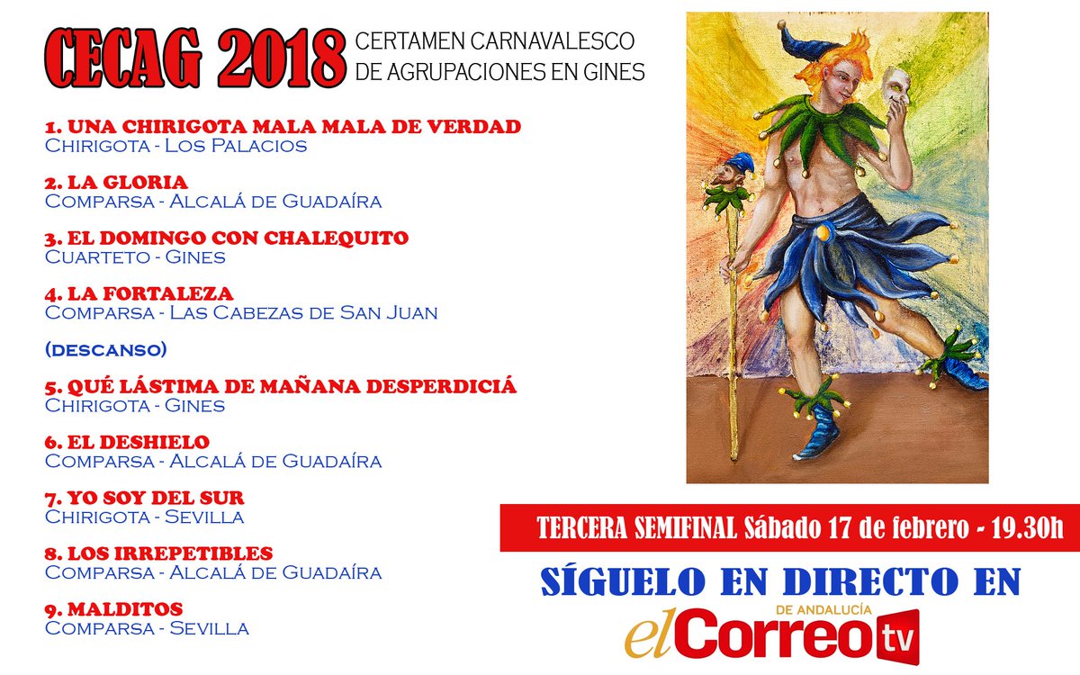 AytoGines's tweet photo. Hoy sábado, a partir de las 19:30h, TERCERA SEMIFINAL del #carnavaldeGines 2018. 
Aún quedan entradas a la venta. ¡No te lo pierdas! @CompFemAlcala @cuARTEtoGines @ChiriPiruleta @ComparsaGirls @ComparsaMaldita https://t.co/UbKb5Tqbof