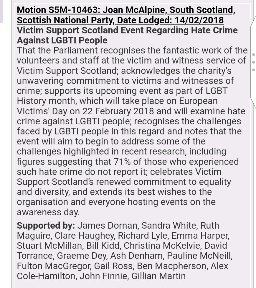 VSSPolicy's tweet photo. Thanks MSPs from @theSNP @scottishlabour @scotlibdems @scotgp for supporting @VSScotland @JoanMcAlpine motion in recognition of #LGBTHistoryMonth and supporting our #LGBTI #hatecrime event on European #victimsday. Only @ScotTories to sign to make it @ScotParl full house. @LGBTYS https://t.co/K16Uyt9uCN