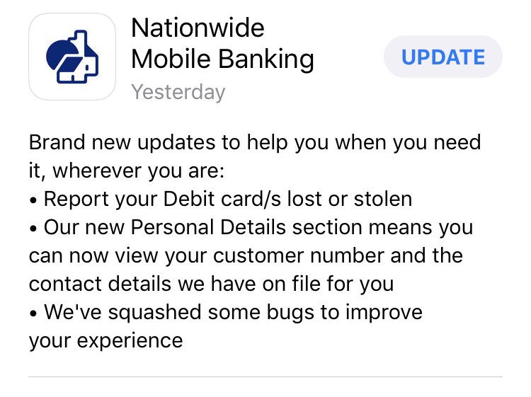 You can now report your debit card lost/stolen on the #nationwidemobilebankingapp 👍🏻