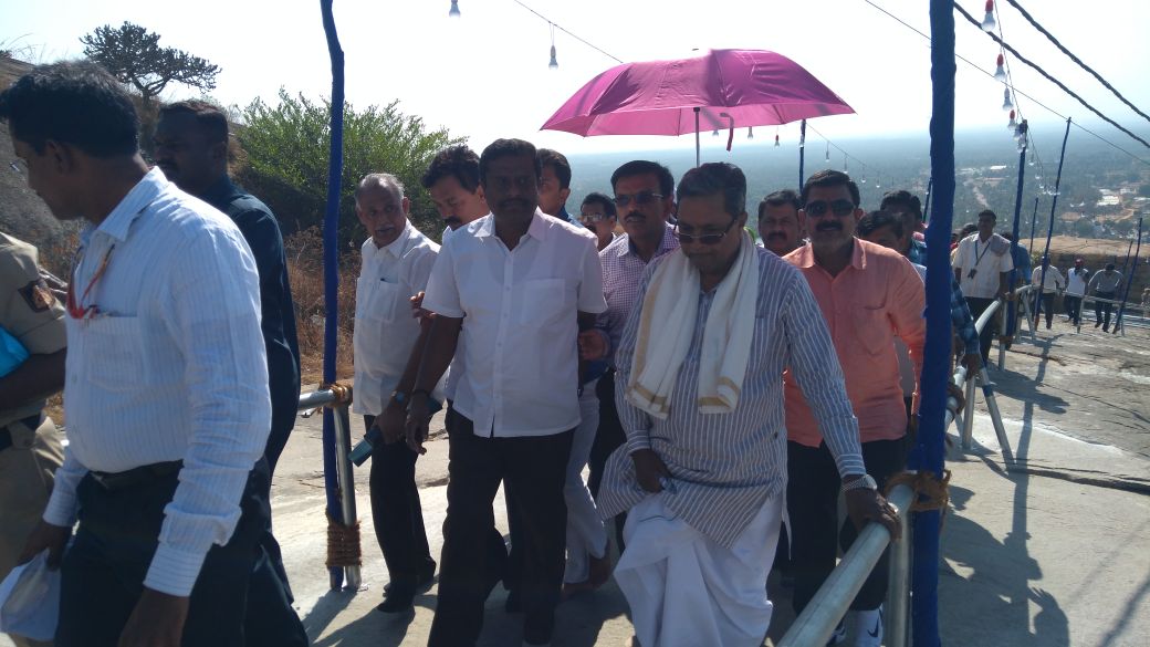<a href="/CMofKarnataka/">CM of Karnataka</a> <a href="/siddaramaiah/">Siddaramaiah</a> climbing Vindhyagiri to participate in #Mahamastakabhisheka at Shravanabelagola. He Climbed 640 steps by foot!