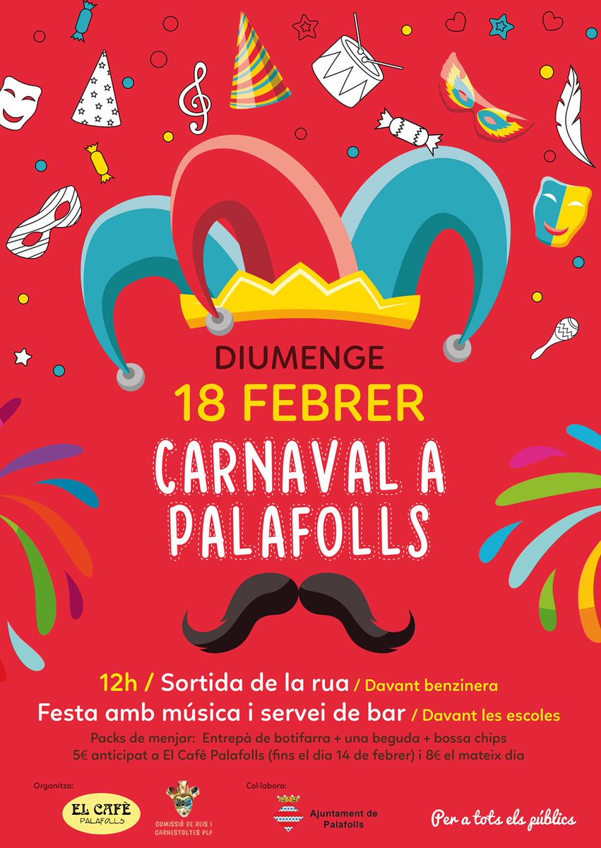 AjuntamentPLF's tweet photo. Demà diumenge 18 els carrers de Palafolls es vesteixen de festa amb la celebració de la Rua de Carnestoltes. Es començarà a les 12 h del migdia a l’av. Costa Brava @radiopalafolls @FestesiFires Us hi esperem a grans i petits! #festesPLF https://t.co/exRhV1PNgK