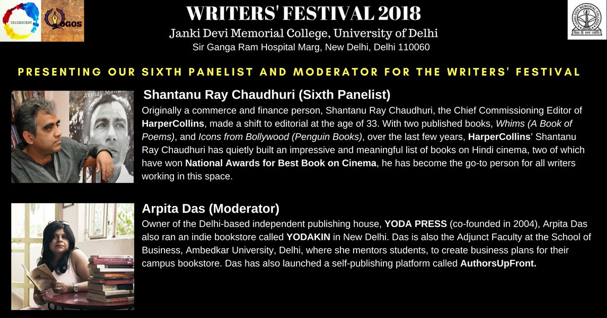 logosjdmc's tweet photo. Releasing our sixth panelist and moderator for the first #WritersFestival at #JDMC! #Tabir2018 is going to be lit! Meet Shantanu Ray Chaudhuri @HarperCollins  and @arpitayodapress only at #WritersFestival https://t.co/cjucqaJQ88