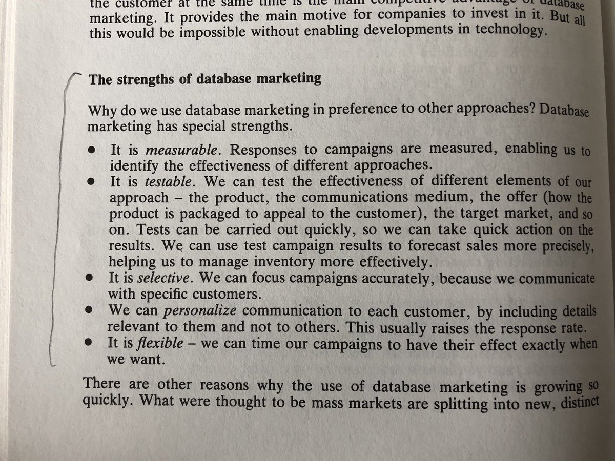 tedbaxa's tweet photo. Every generation seems to rediscover truths long known, then convinces themselves the “new” insight will “change everything.” This excerpt from 1988 book Database Marketing could be a slide from a digital agency or ad sales pitch deck in 2018 https://t.co/IlR3x3REM7