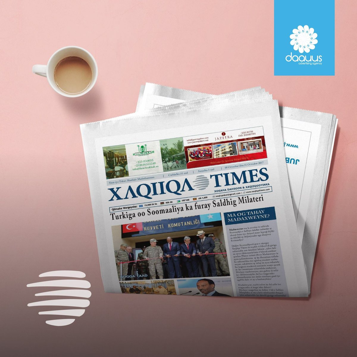 daauusAgency's tweet photo. Not only businesses in the banking, retail or food sector are our clients. We are proud to have been the design agency for the most popular newspaper @Xaqiiqa_Times. #DaauusIsChangingTheImage #NomadsAreDesigning #ComeToDaauus https://t.co/8YYtKCxlya