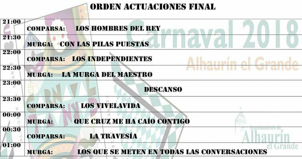 🔵 ORDEN:
GRAN FINAL #coacAG18 #Carnaval #AlhaurínElGrande
-@LCDMarbella #Marbella
-@MurgaPedroVera #Málaga
-<a href="/comparsa_kara/">La Comparsa del Kara</a> #Málaga
-<a href="/MurgadePariente/">Los de Huelin</a> #Málaga
-<a href="/ComparsaGuti/">Comparsa Del Guti</a> #Málaga
-@murgamuariscos #Málaga
-<a href="/ComparsAlhaurin/">La Comparsa de Alhaurín</a> #AlhaurínElGrande
-<a href="/chirigotalejia/">Chirigota Del Lejia</a> #SanFernando, #Cádiz