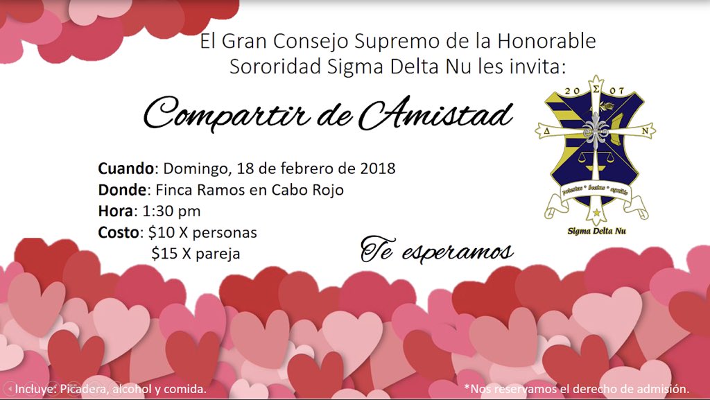 SigmaDeltaNu's tweet photo. El Gran Consejo Supremo les invita a nuestro ❤️Compartir de Amistad ❤️ mañana domingo. 

Mas info : https://t.co/0Ux4zMIMZM https://t.co/xslj3LYtRw