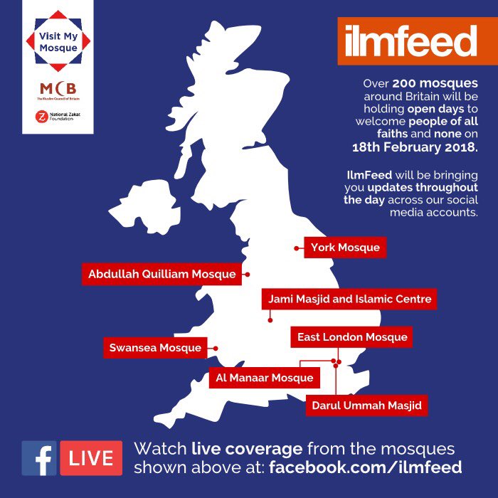 IlmFeed's tweet image. Over 200 mosques across Britain will be holding open days on 18th February 2018.

IlmFeed will be bringing you updates throughout the day on our Twitter &amp;amp; Instagram accounts. Watch live coverage from the mosques shown above at: facebook.com/ilmfeed

#visitmymosque