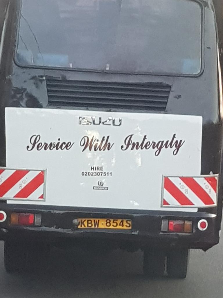 Was driving behind this bus belonging to Eldoret university in my hometown. Either the spelling of integrity has changed or my vocabulary is limited!