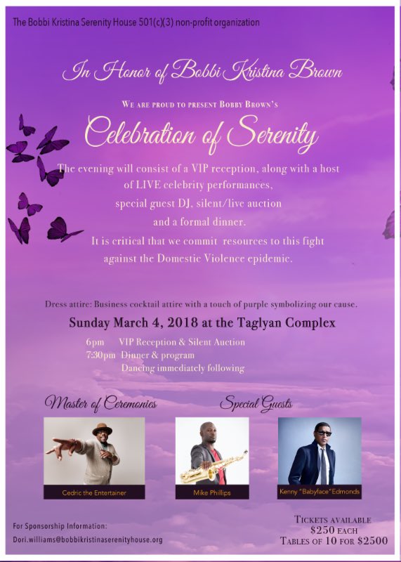 bkserenityhouse's tweet image. March 4th 2018 Join us as we celebrate the life of #BobbiKristina - #CelebrationOfSerenity 
Join us in our plight to end #DOMESTICVIOLENCE 
#eN💜ough #eN🦋ough #BK💜🦋 Link in Bio for event information 
BobbiKristinaSerenityHouse.org