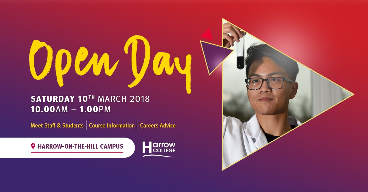 Our next Open Day is on 10 March 2018. Register your interest today! Explore courses, speak to tutors, view the college campus and more. Make Harrow College your first choice! ow.ly/es0C30ilekg