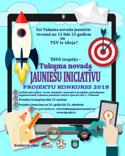 TUKUMA NOVADA JAUNIEŠU INCIATĪVU PROJEKTU KONKURSS 2018!
Ja esi Tukuma novada jaunietis vecumā no 13 līdz 25 gadiem un Tev ir ideja, izmanto iespēju saņemt finansējumu līdz pat 300 eiro.Vairāk informācijas, konkursa nolikums un projekta pieteikuma anketa: tukumajauniesucentrs.lv