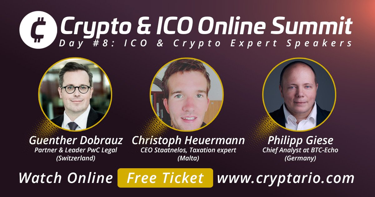 CryptarioGlobal's tweet photo. Summit Day #8: Tax optimization for investors and ICOs; crypto chart analysis; crypto hub trends 👉FREE ticket at https://t.co/ccEeQjXDkU  👈
.
Our 3 experts today: 
@_GDS77_  head of @PwCLegal Switzerland, @Christoph Heuermann of @Staatenlos_ podcast, Philipp Giese @BitcoinEcho https://t.co/v0gaBhl8Nb