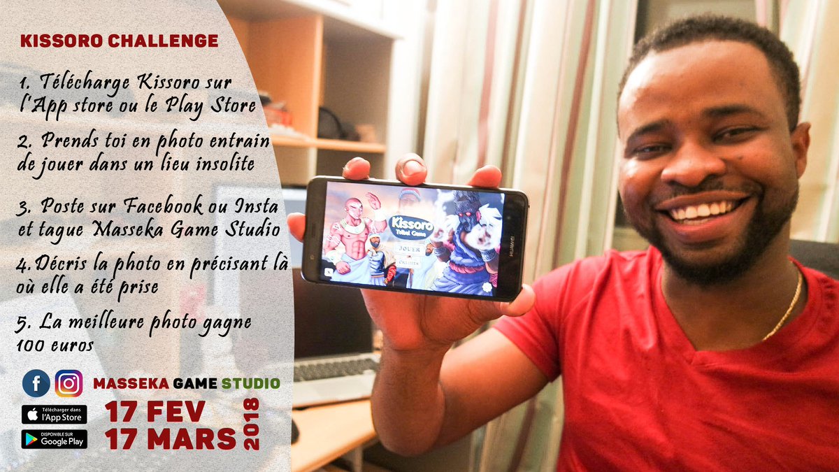 Pour la sortie officielle du jeu Kissoro aujourd'hui, on lance un  jeu concours photo, avec 100 euros à gagner. C'est simple, à vous de  jouer. Vu qu'on est sur Twitter, pas besoin de partager sur Facebook, taguez juste <a href="/Massekagamestud/">Masseka game studio</a> 
#EtToiTuJouesOu #indieGame #JEUXCONCOURS