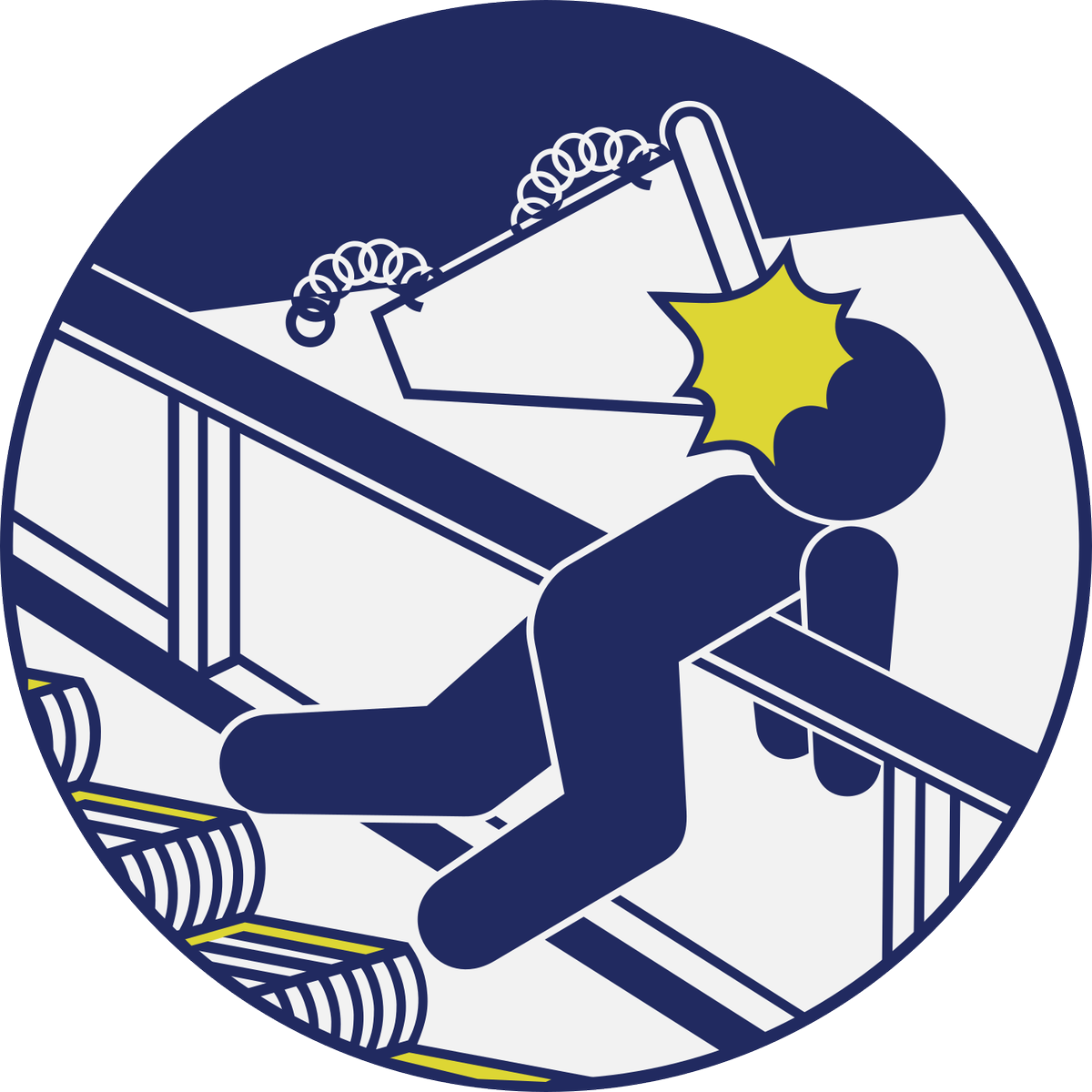 えいだんねこ エレベーター協会のエスカレーター用ステッカーその４ からだの のりだし きけん エスカレーターと天井に挟まれるよ