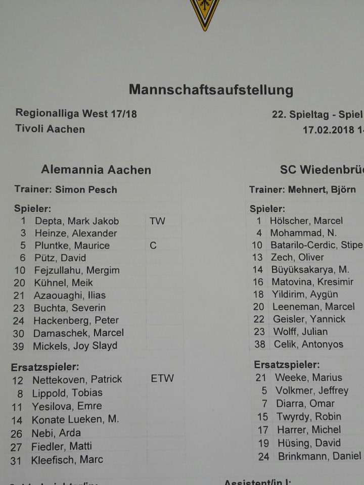 Alemannia_AC's tweet photo. Die Aufstellungen liegen vor. Mark #Depta steht wieder zwischen den Pfosten. https://t.co/7OLvjagpAu
