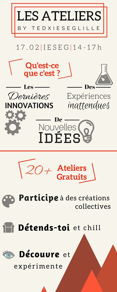 IESEG's tweet photo. RDV ce soir pour la conférence @TEDxIESEGLille « #Impulsion » : retrouvez plus d'informations sur les ateliers de cet après-midi en une #infographie !

L’évènement sera diffusé en #direct sur @YouTube ▸ https://t.co/9K85ltpIiC https://t.co/5V0DBHjw6l