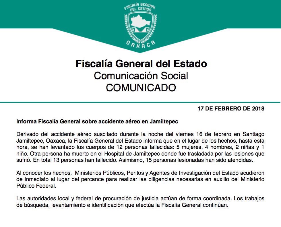 julioastillero's tweet photo. A las 5 am, el reporte oficial de la @FISCALIA_GobOax  sobre el accidente de un helicóptero en #Oaxaca es de 13 muertos, entre ellos dos niñas y un niño, y 15 heridos que “han sido atendidos”. https://t.co/8veM8Sw5WD