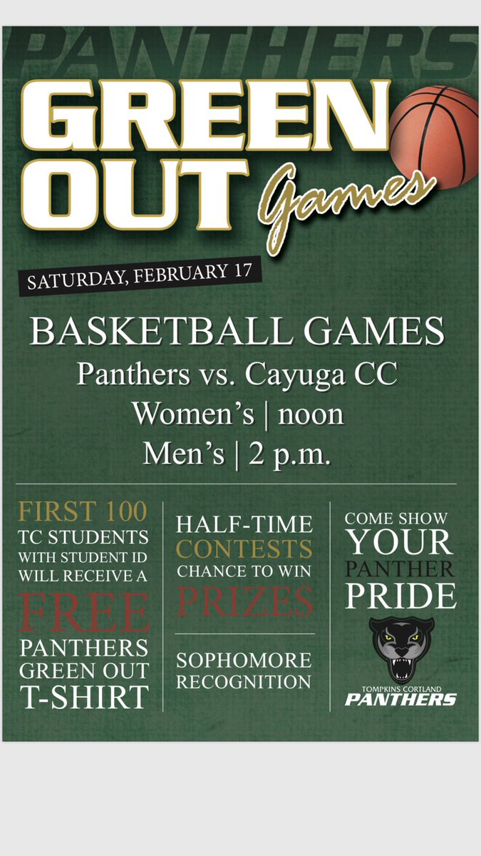 TCPanthers's tweet photo. It’s #TCPanthers #GreenOut Day! Come support our Hoops teams, celebrate our sophomores and have a chance to win prizes at halftime... #PantherUp 🏀🏀 @TC3_official @TC3StudentLife | Games at 12 &amp; 2 with @NJCAAReg3 @NJCAA neighbors @Cayugaathletics https://t.co/9V2Br9uFNh