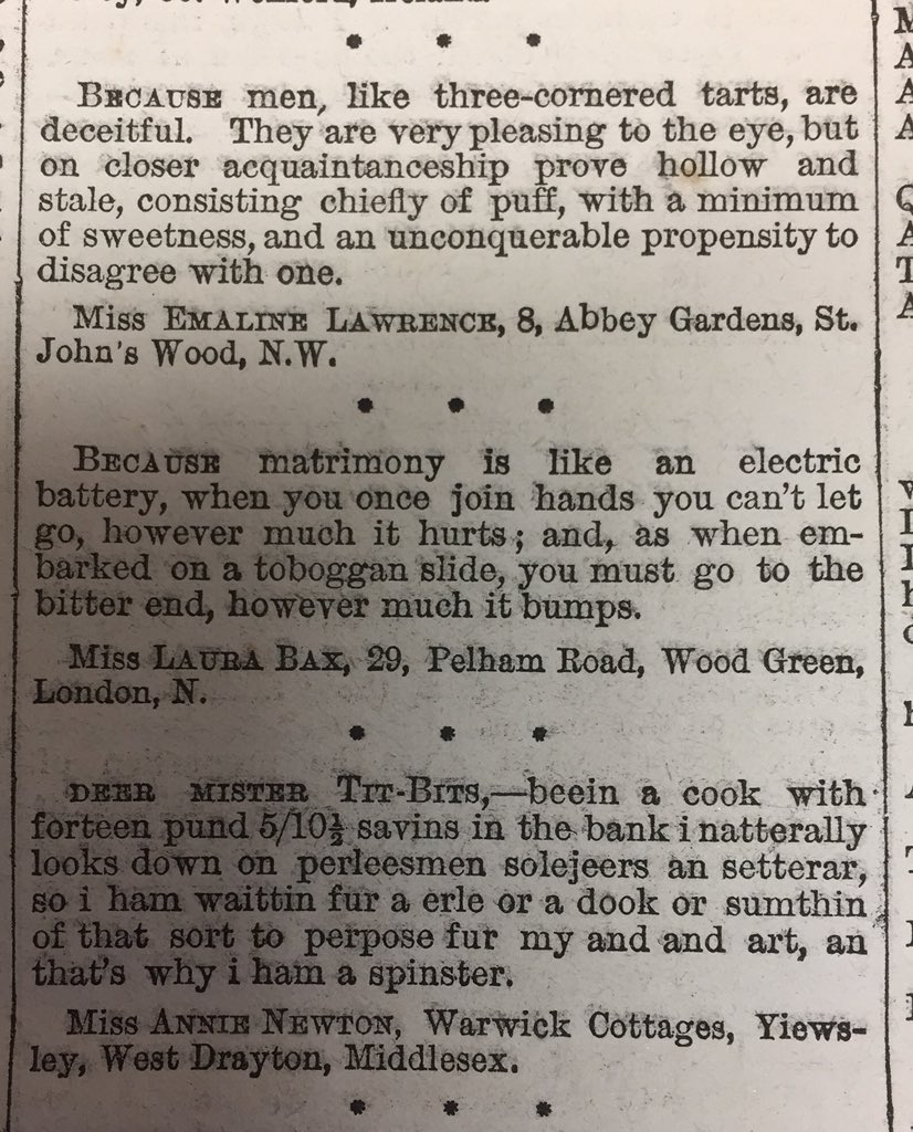 In 1889, Tit-Bits magazine offered prizes to single, female readers who sent in the best answers to the question: ‘Why Am I A Spinster?’ Here are some highlights...