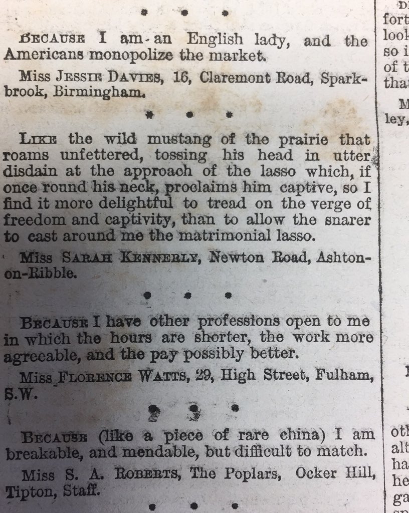 In 1889, Tit-Bits magazine offered prizes to single, female readers who sent in the best answers to the question: ‘Why Am I A Spinster?’ Here are some highlights...