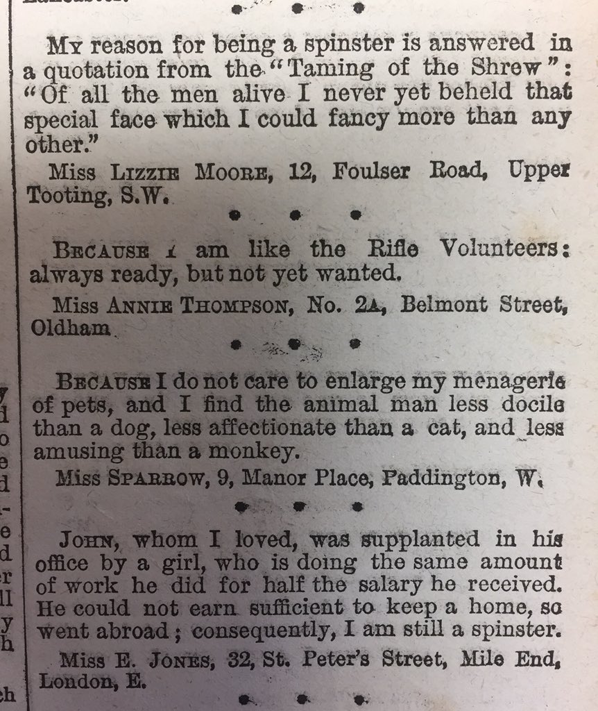 In 1889, Tit-Bits magazine offered prizes to single, female readers who sent in the best answers to the question: ‘Why Am I A Spinster?’ Here are some highlights...
