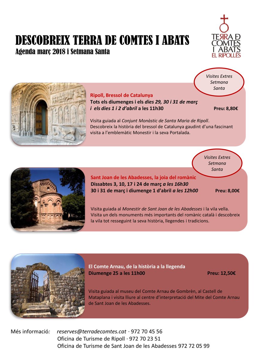 terradecomtes's tweet photo. ➡ Aquestes són les visites guiades proposades pel mes de març! #agenda #SetmanaSanta #culturaidentitat #patrimonicultural #Ripoll #StJoanAb #Gombrèn #InPyrenees #VisitPirineus https://t.co/YlWtCi7ZUi