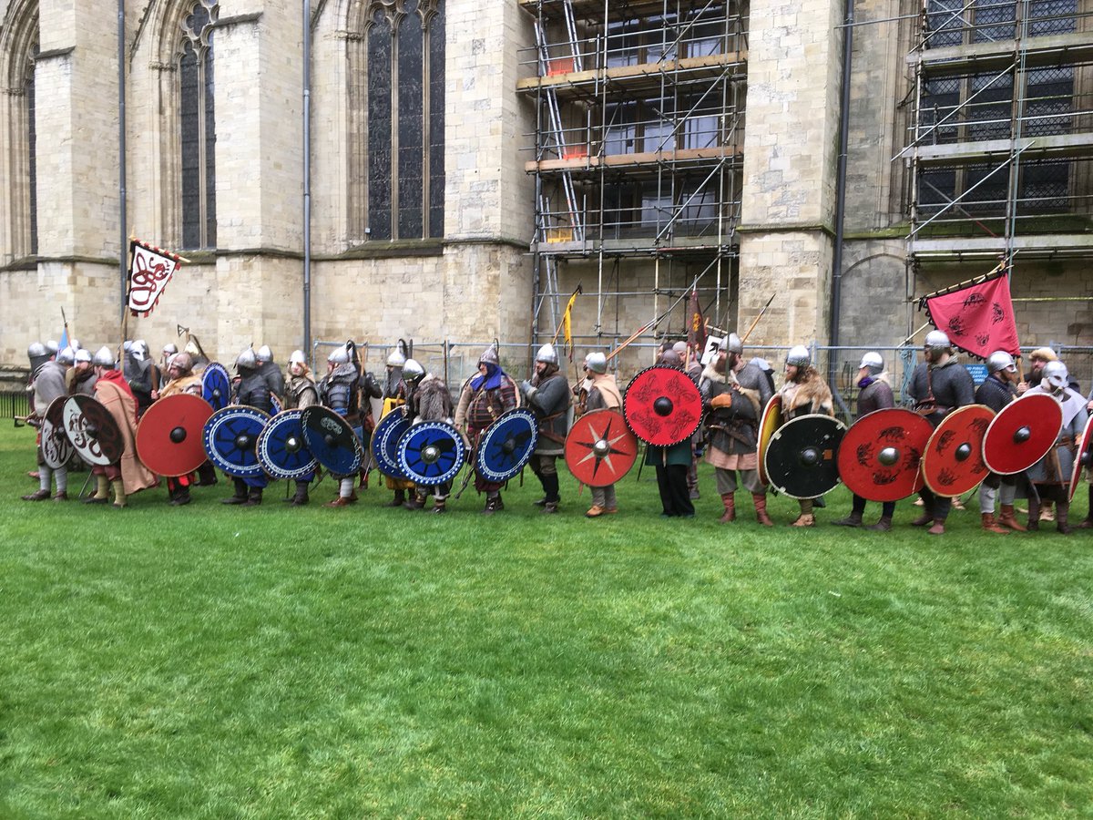 JorvikViking's tweet photo. Our Viking and Anglo-Saxon armies are mustering ready for the #MarchtoCoppergate #JVF18 #JorvikVikingFest https://t.co/1p8ocW1KWC