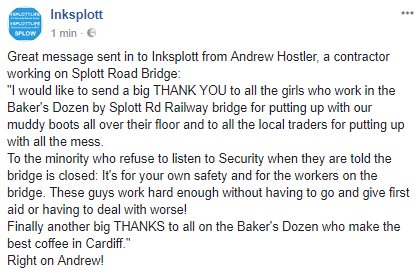 inksplott's tweet photo. I love receiving messages like this, sent in to @inksplott Facebook #thankyou #splottroadbridge #Splott #Adamsdown https://t.co/mahHowP7kh