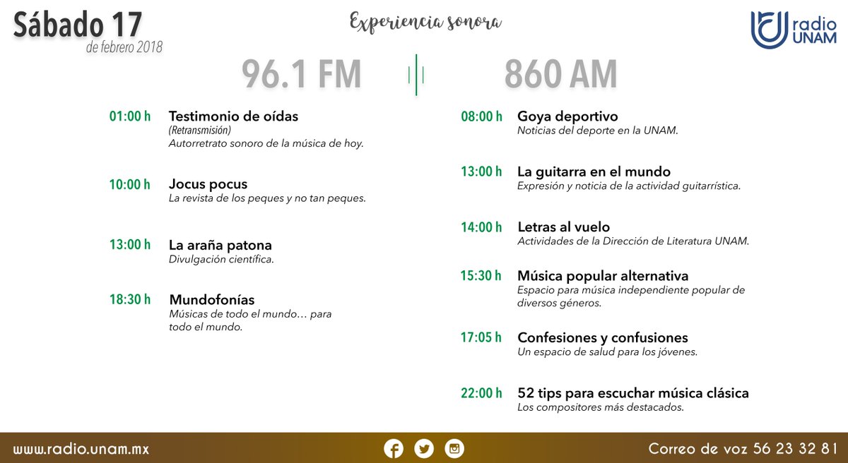 RadioUNAM's tweet photo. #HoyEnRadioUNAM 
Disfruta con nosotros la magia de la ciencia, música del mundo y conoce las novedades de la actividad deportiva universitaria. https://t.co/kn9ohlnDeu