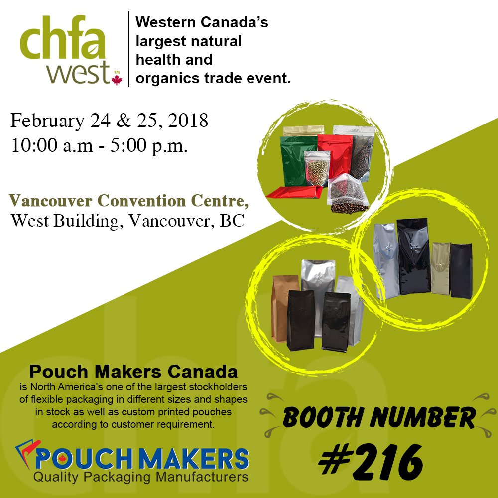 PouchMakers's tweet photo. We are getting very excited for the @cdnhealthfood Trade Show at the Vancouver Convention Centre! Come see us at booth #216
#pouchmakers #CHFAwest #CHFAwest2018 #Vancouver https://t.co/TYZgvtQ8OG