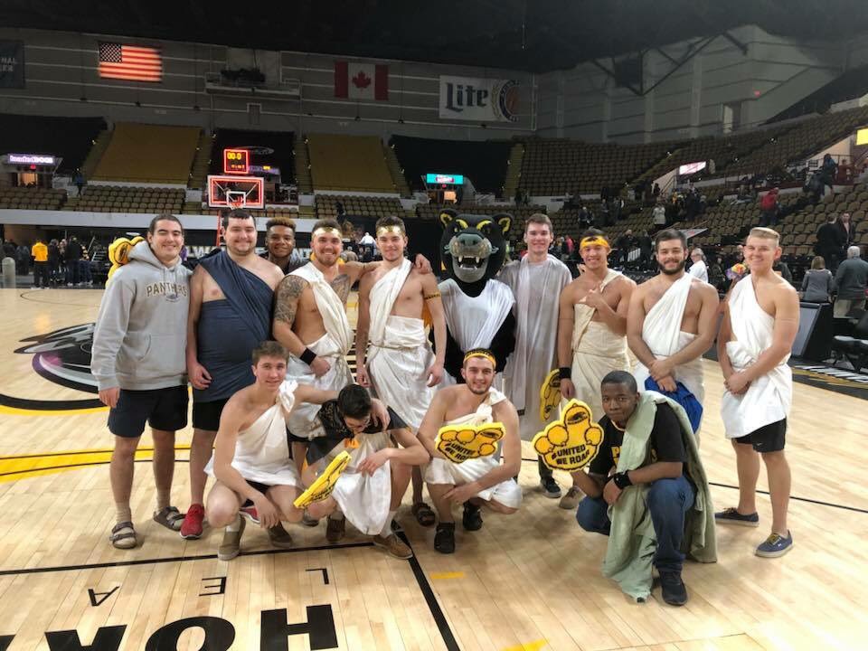 alphasig_uwm's tweet photo. The Alpha Sigs took home the win in last nights chariot races! Awesome turnout for Greek Night with the toga theme for the @mke_mbb game! https://t.co/wsjSk47ohx