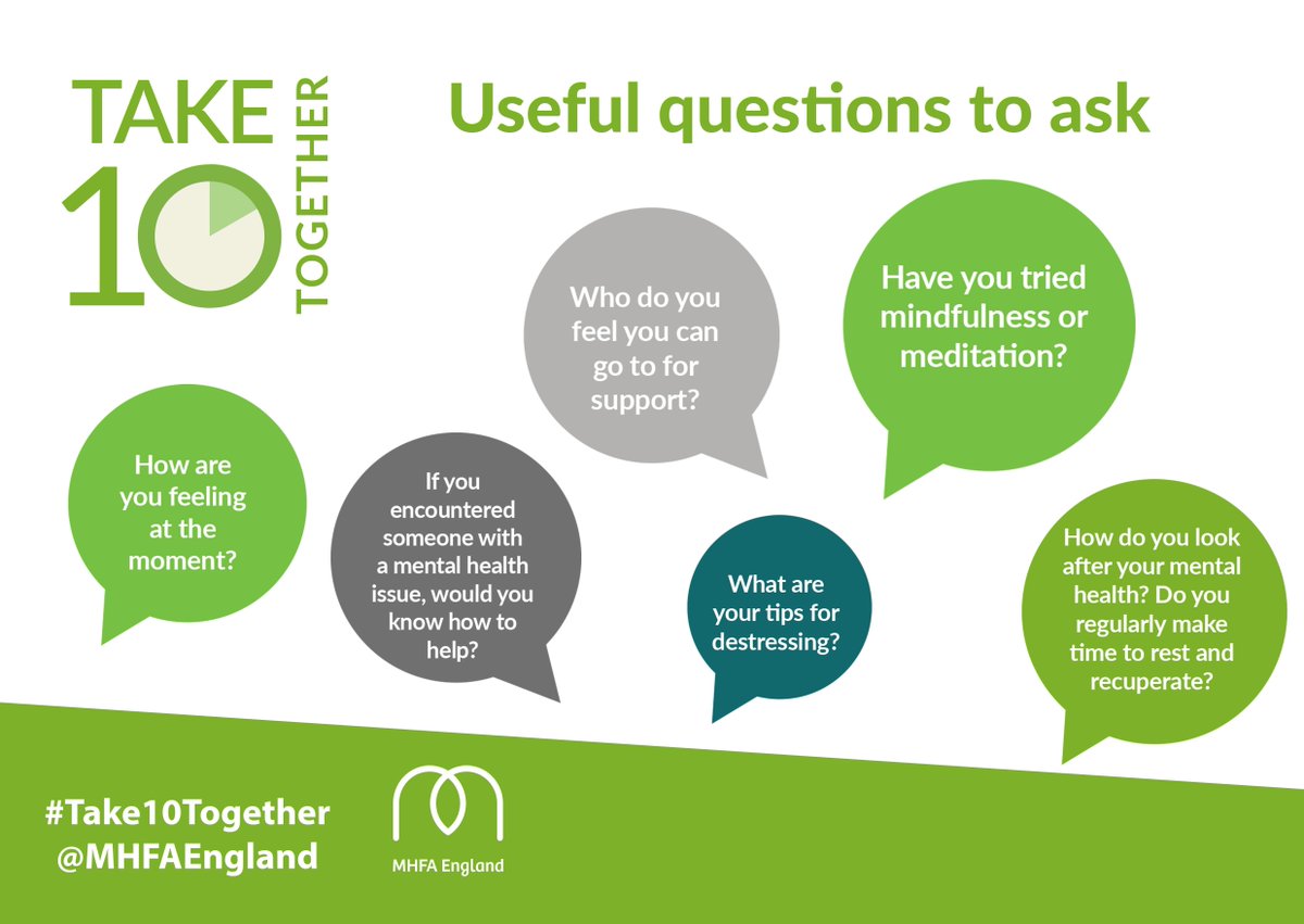 MHFAEngland's tweet photo. 1 in 4 of us will experience a #MentalHealth issue each year - but we still aren't talking about it. We can change that, and it only takes 10 minutes to get started. This weekend,  #Take10Together and talk about mental health. Find out how: https://t.co/SFgjpzOkFD https://t.co/bJkQ2nHfH1