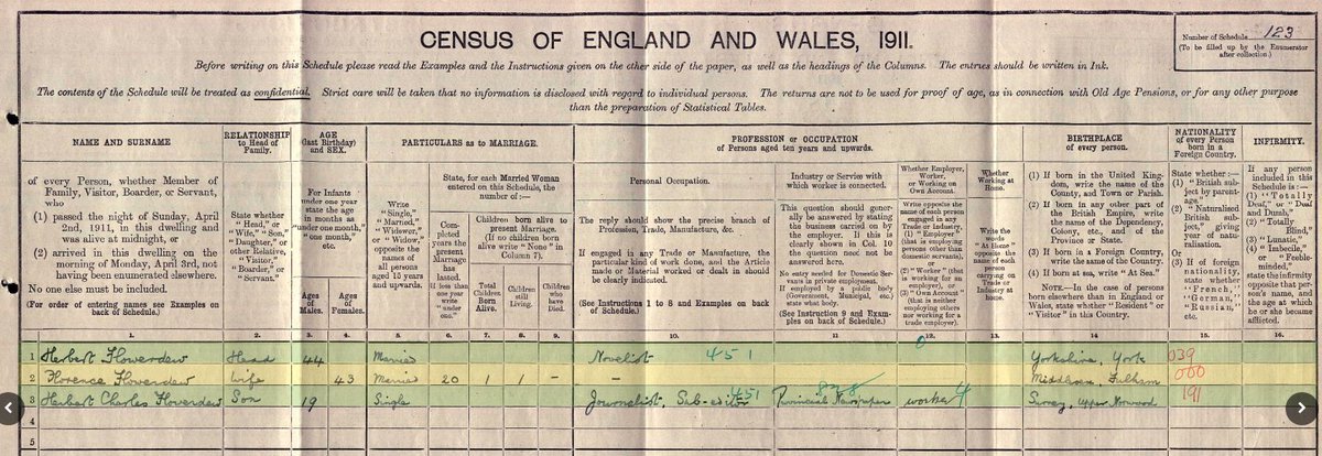 Here's the census record for Florence Flowerdew (née Watts) from 1911. No occupation listed for her, but women's work was often under-reported. Sadly, her husband died 6 years later after reportedly struggling with depression and (possibly) a suicide attempt.