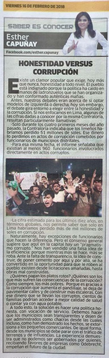 limavaoficial's tweet photo. Si calculamos lo que habríamos perdido los limeños en los últimos 10 años por actos de #Corrupción podríamos llegar a la escalofriante suma aproximada de “Mil Millones de Soles”, en perjuicio de todos los Limeños.
Con @EstherCapunay , #LimaVa a cambiar✌🏻 https://t.co/5KexFdOgwb