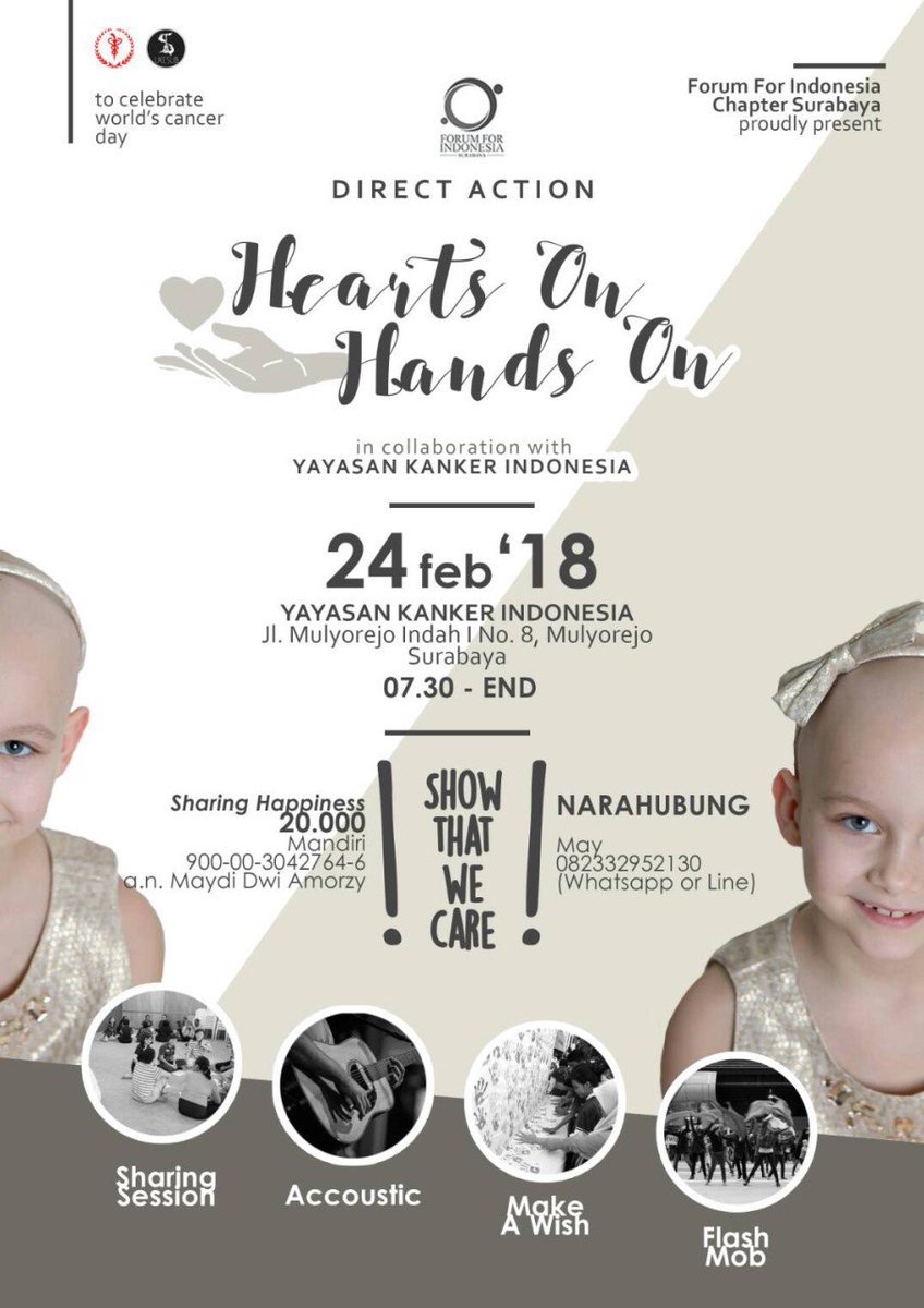 HEARTS ON, HANDS ON!

Dalam memperingati hari kanker sedunia, FFI Surabya akan menyelenggarakan acara sharing and caring di Yayasan Kanker Indonesia pada tanggal 24 Februari 2018. 

Bantuan kalian akan sangat membantu :)