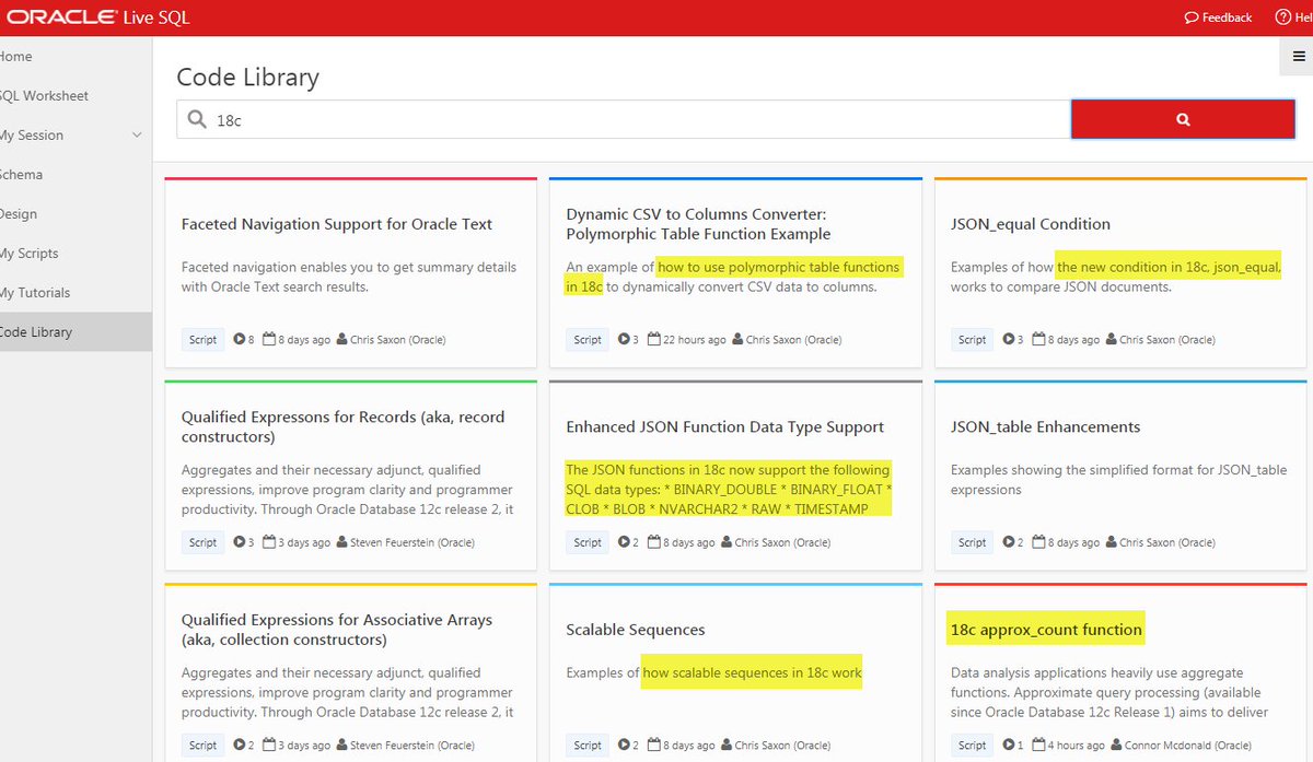 OracleLiveSQL's tweet image. In case you missed it... 18c, now available for you to learn and try...here. Thanks @connor_mc_d @chrisrsaxon for all of the new 18c scenarios/scripts for everyone to check out! #Oracle #Database #SQL