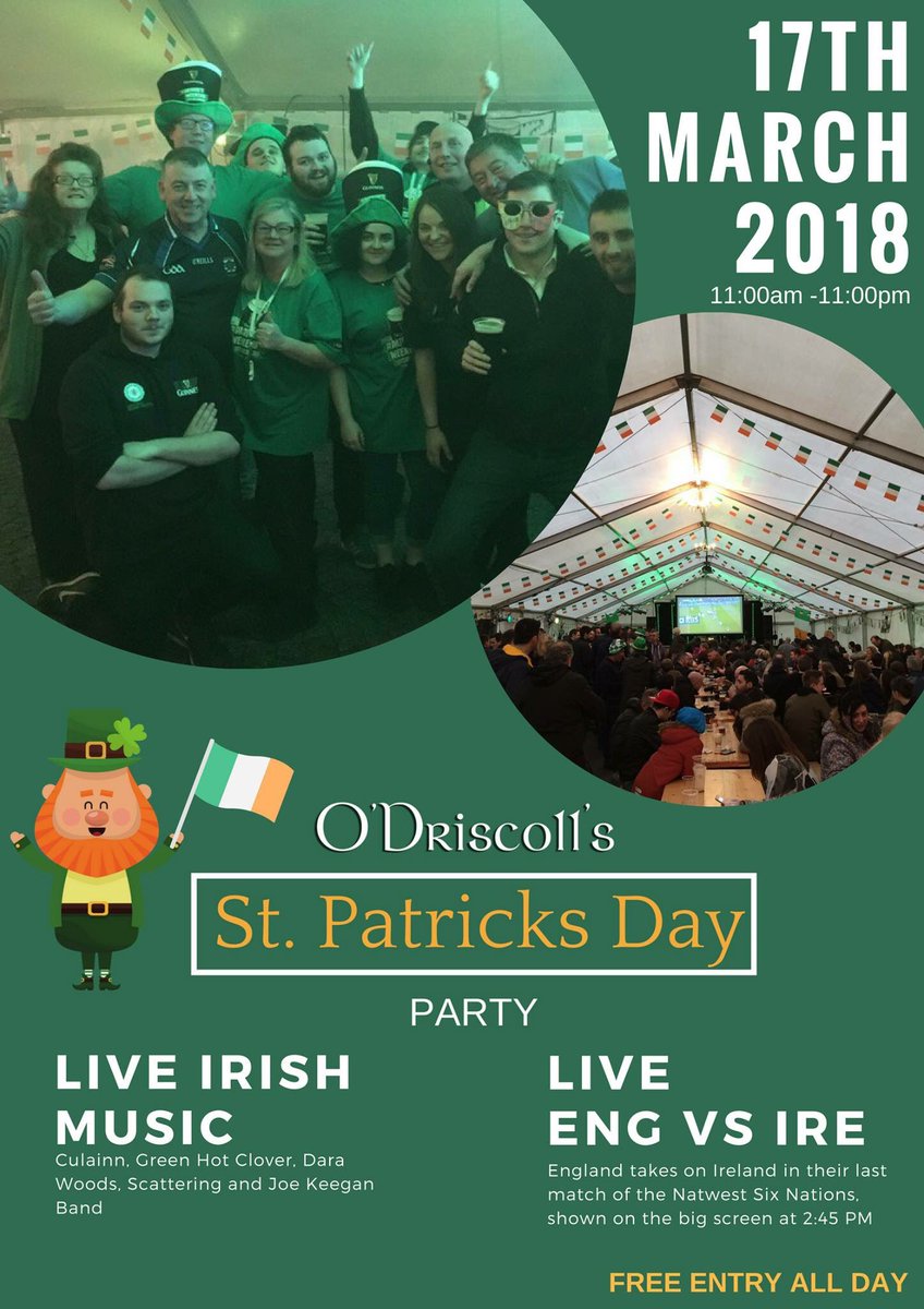 odriscolls (@odriscollsmcr) on Twitter photo ☘️ 1 month to St. Patricks Day ☘️
Who will be joining us at O'Driscolls on Albert Square, Manchester, for the best St Patrick's Day Party in Manchester!
OPEN 11AM - 11PM
Live music all day.
Ireland v England on the big screen.
Free Entry all
<a href="/mcr_irish_fest/">Manchester Irish Festival</a> #MCRIrishFest ☘️ 1 month to St. Patricks Day ☘️
Who will be joining us at O'Driscolls on Albert Square, Manchester, for the best St Patrick's Day Party in Manchester!
OPEN 11AM - 11PM
Live music all day.
Ireland v England on the big screen.
Free Entry all
<a href="/mcr_irish_fest/">Manchester Irish Festival</a> #MCRIrishFest