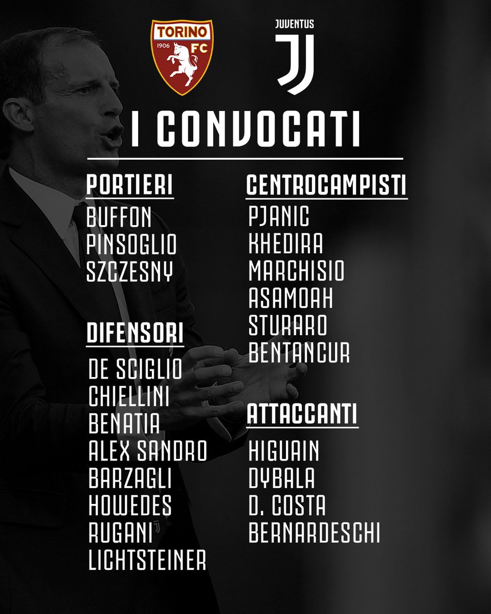 📝 #TorinoJuve: i convocati di mister @OfficialAllegri per il #DerbyDellaMole 👉 juve.it/1ODm30isDSy ⚪️⚫️