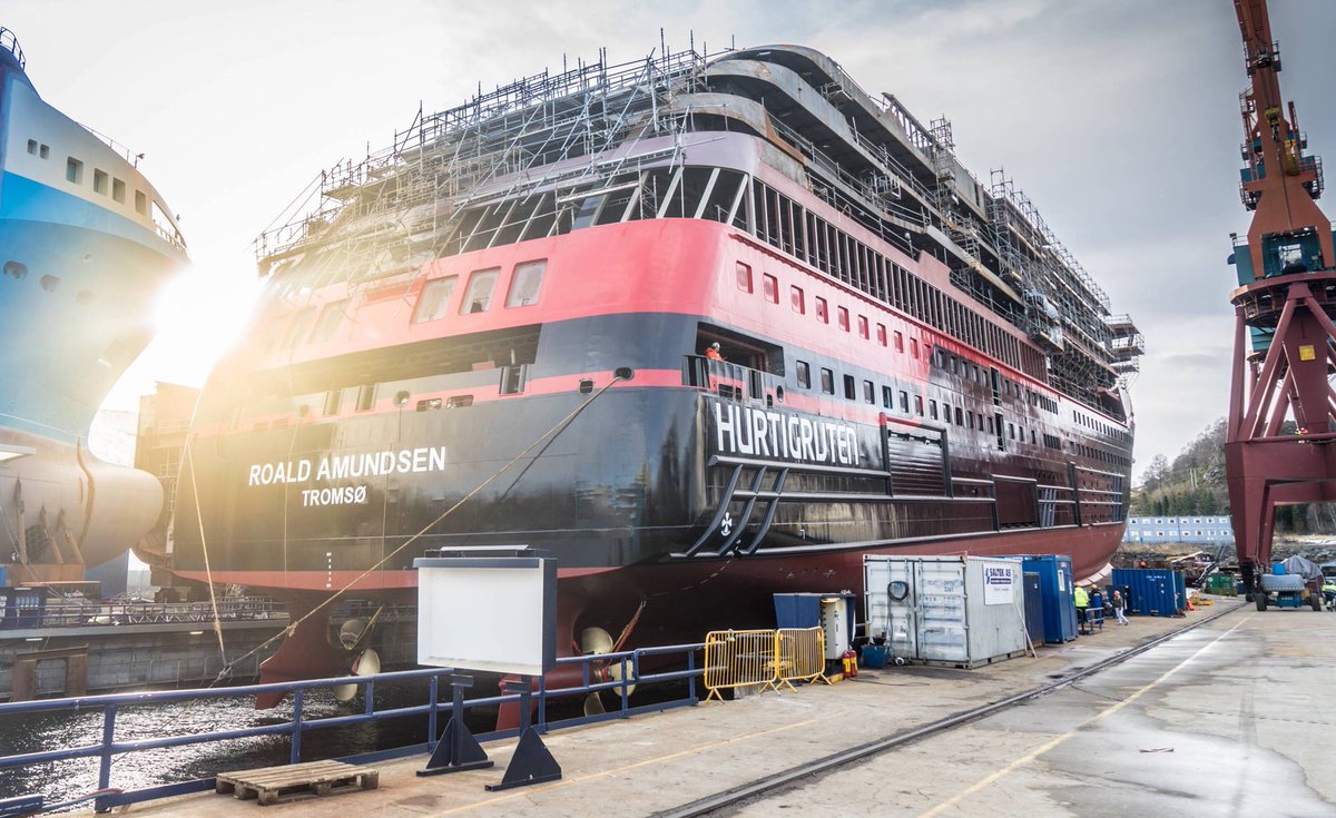 Hurtigruten's tweet photo. Today, Hurtigruten’s new Explorer ship MS Roald Amundsen was launched at Kleven shipyard in Ulsteinvik, Norway. 

See more photos here: https://t.co/mHV62cQp4z https://t.co/WbNZWYGKUL