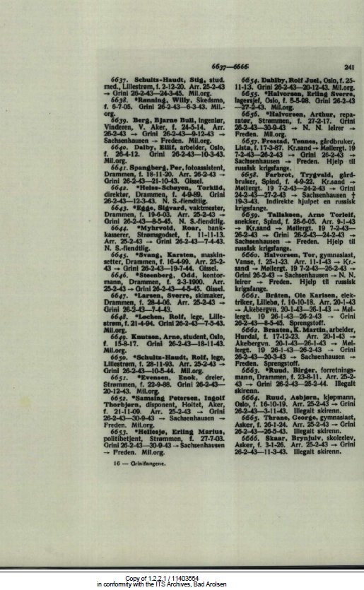 Index of inmates of the Grini concentration camp in Norway. Indicated reason for the arrest of Birger Ruud: "Illegal skiing" 1.2.2.1 /11403554/ ITS Digital Archive, Bad Arolsen