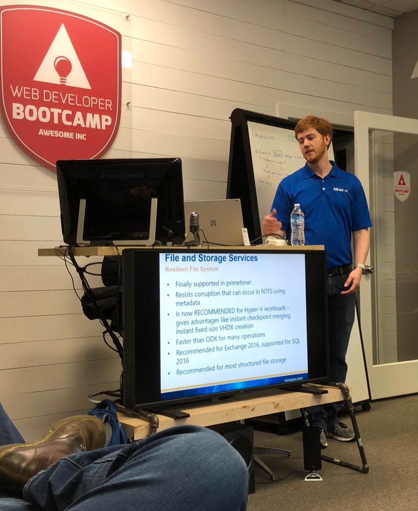 ckymug's tweet photo. Brent Earls and @Mirazon came out yesterday to give CKYMUG all the details on how to take advantage of new features in #WinServer2016. Big shoutout to @thinksis for supporting the local tech community and helping with lunch! https://t.co/cNaLkeZpPU