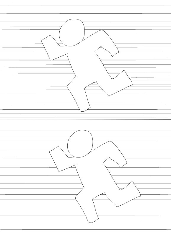 @reatea_aigis 適当なものですがこんな感じで したが一定間隔気味に描いたものです。 あとは王子から出てる速度線の角度を後ろに描かれている線と角度を併せるとより速度感は出ると思います٩( 'ω' )و 