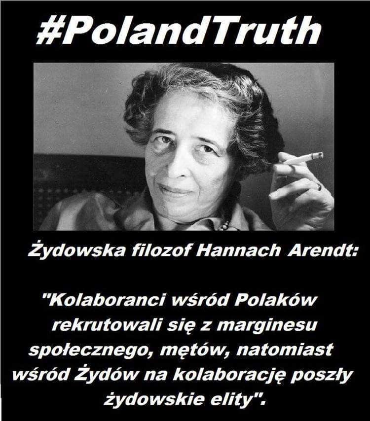 hikebruce's tweet photo. @yairlapid Hannach Arendt, Jewish philosopher: "Collaborators among the Poles came from the social margin, while Jewish collaborators came from the Jewish elite" #JewishTruth #GermanDeathCamps https://t.co/e6pWBFxf8X