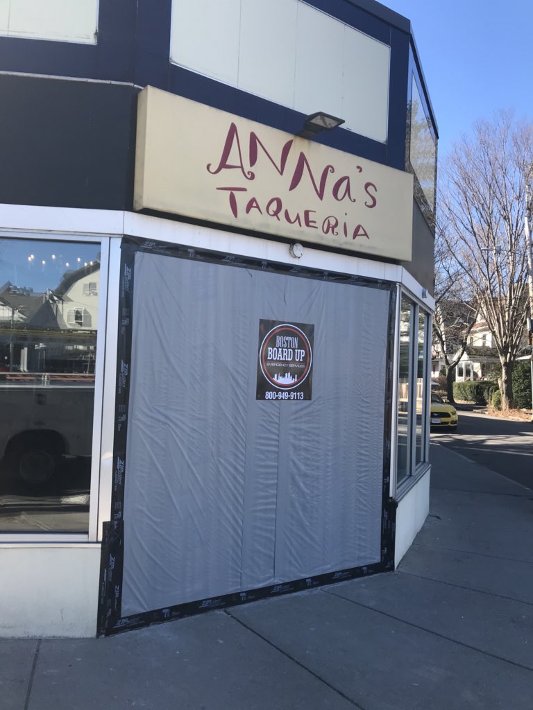 Jordanavery23's tweet photo. Thanks to @BostonBoardUp Annaβs Taqueria in Brookline is OPEN on time with zero disruption !!! Great Job @BostonBoardUp & all involved. #BostonBoardUp #CarVsBuilding https://t.co/aRwetxiC2g