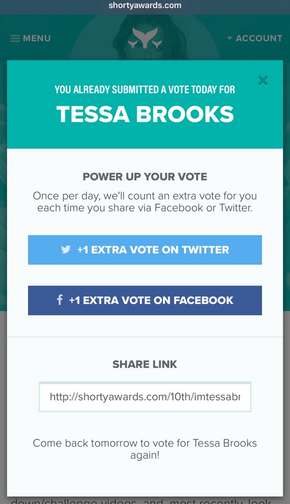 talissaarmy's tweet photo. @ImTessaBrooks Submitted my vote for today 💜💜✌️ https://t.co/S5M7XrHyXN