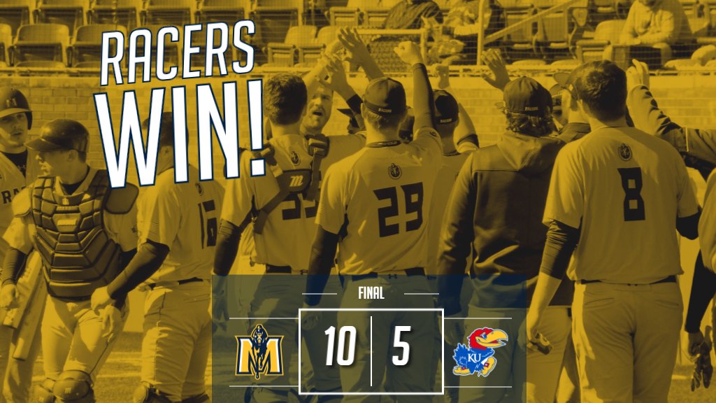 RacersBaseball's tweet photo. WINNER! MSU earns its first win of 2018 as the Racers defeat Kansas 10-5! Scott and Sims with 3 RBI each, Scott had two HRs. Whaley gets the win. Series finale at 1 p.m. Sunday. https://t.co/nUszXG8spL