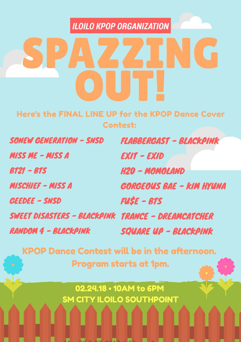 iloilokpop_org's tweet photo. Our COMPETING GROUPS for the KPOP DANCE COVER CONTEST on Feb 24 in SPAZZING OUT at SM CITY ILOILO SOUTH POINT. Program starts at 1PM. Booth starts at 10AM. See you there!
#IKO9thAnniversaryCelebration
#SpazzingOut https://t.co/gcbax4g3k9