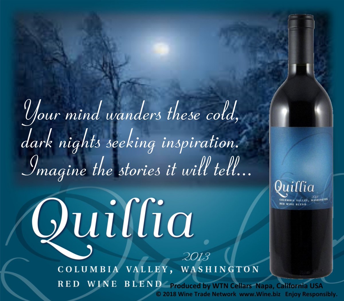 Your mind wanders these cold, dark nights seeking inspiration. Imagine the stories it will tell... Quillia Premium Red Wine Blend from Washington's Columbia Valley - order: ow.ly/yO4C30hCVpF #Quillia #Wine #ColumbiaValley #WashingtonStateWine