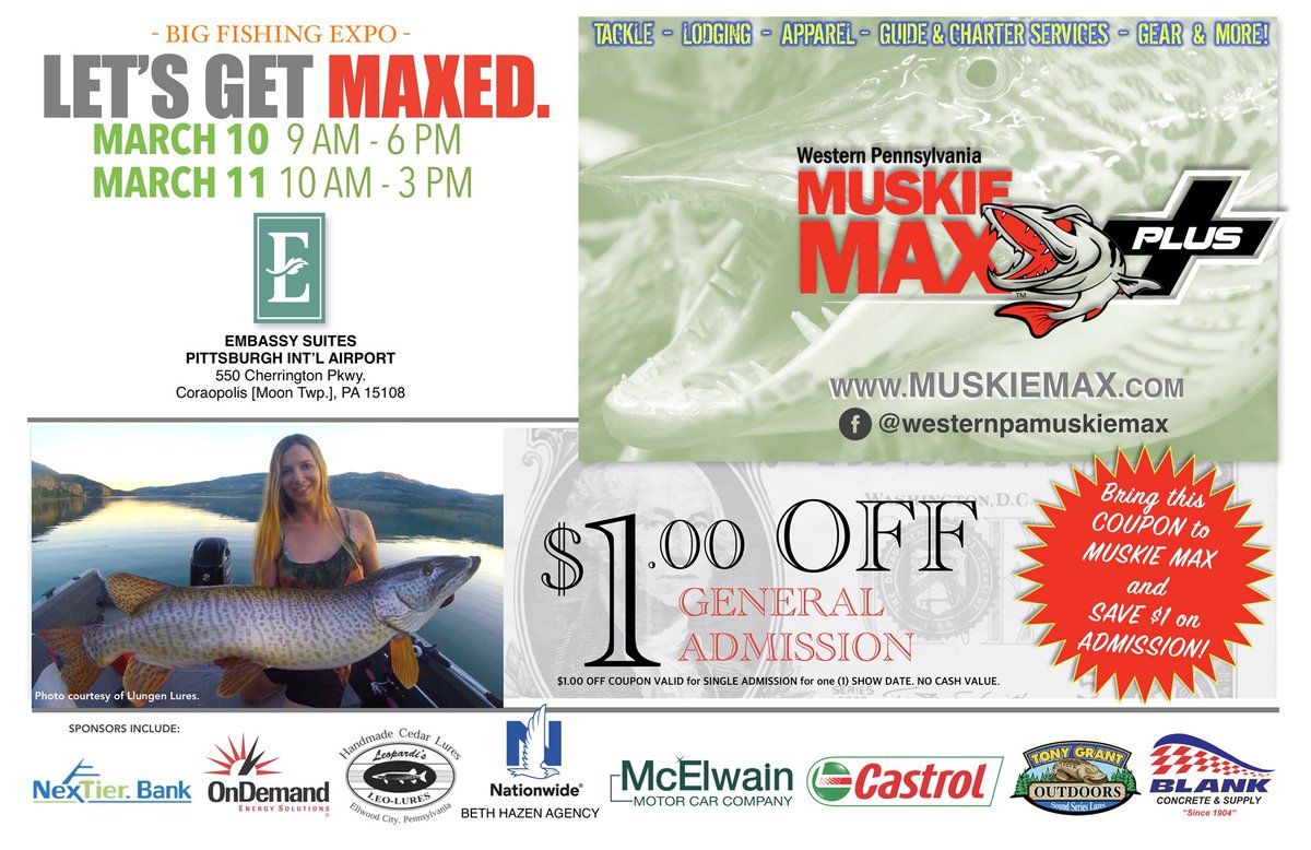 Fellow Anglers: 2018 MUSKIE MAX PLUS is only a few weeks away [March 10 + 11 - Embassy Suites - Moon Twp., PA]... Great time — party atmosphere — family-friendly... Tackle/Gear/Apparel/Lodging/Guide Svcs... ALL ANGLERS WELCOME... MUSKIEMAX.com #muskiemax #letsgetmaxed